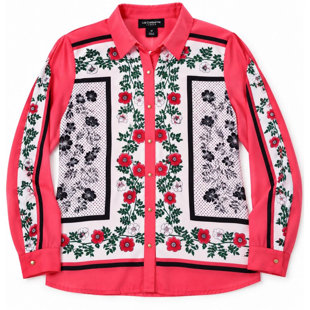 Liz Claiborne Career Women's M Floral Blouse Coral Pink Black Button Front